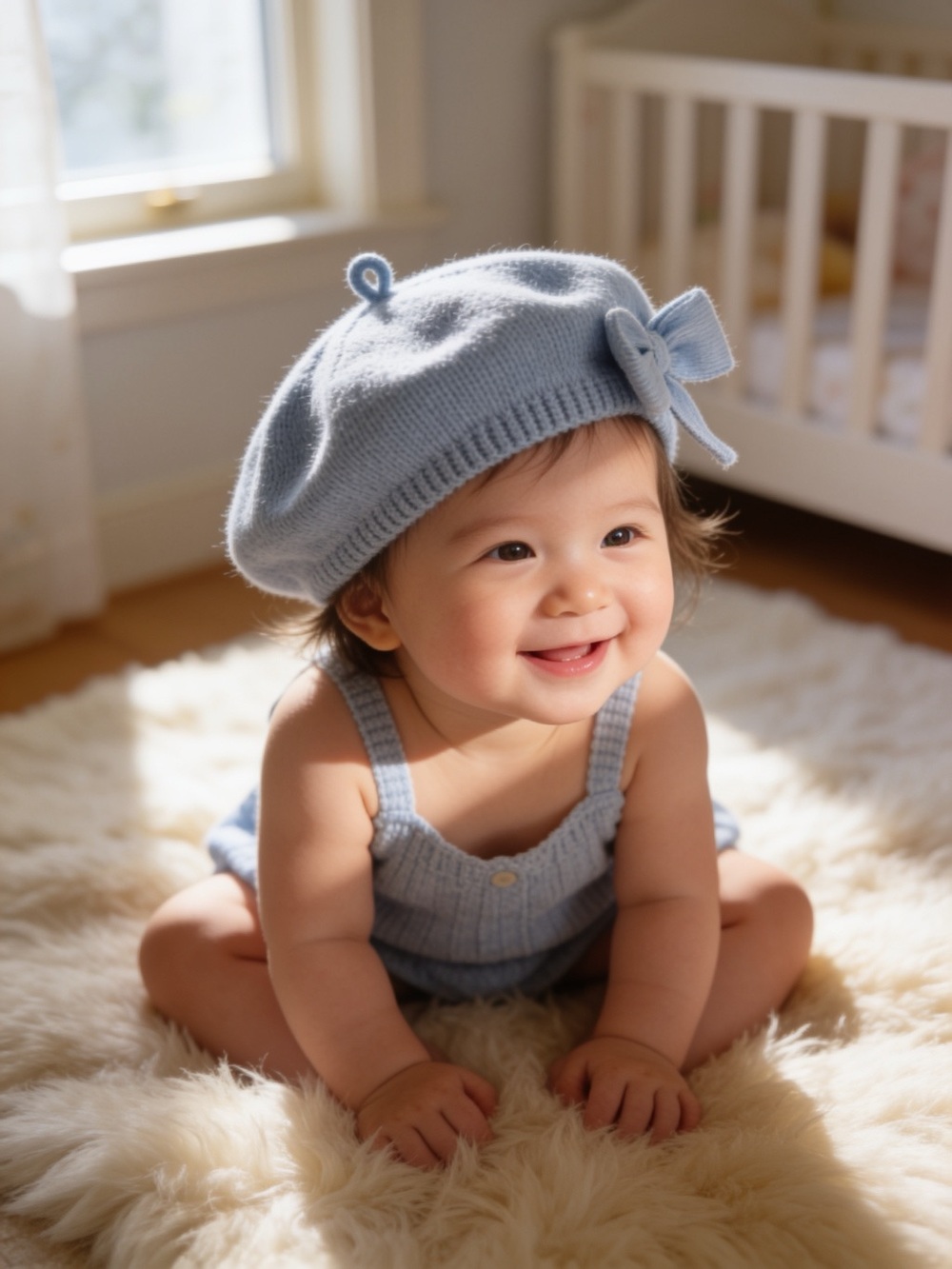 Janie and Jack Light Blue Knit Beret with Bow
